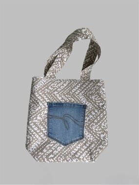 Patterned Canvas Tote with Denim Pocket - Taupe